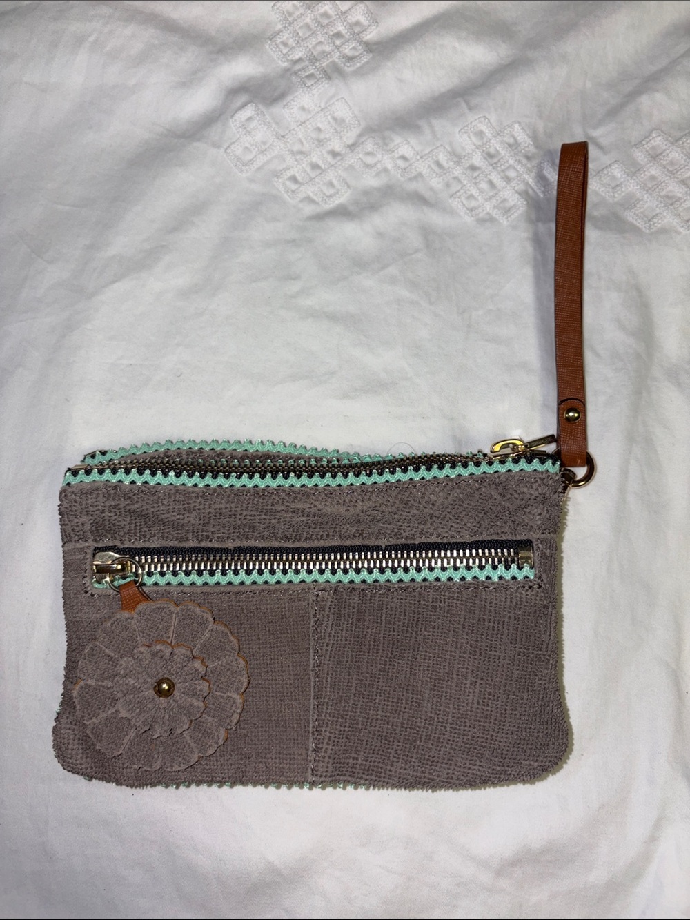 Gray Wristlet Clutch with Mint Trim and Brown Strap